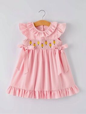 Back to School Girls Pink Gingham Smocked Dress with Ruffle Collar
